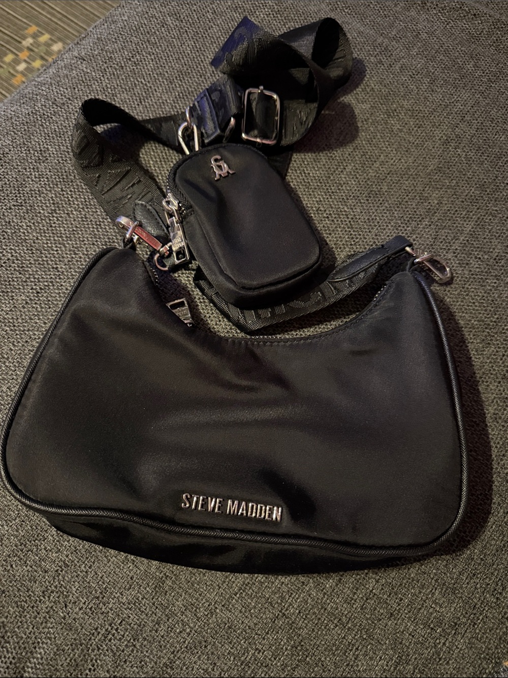 Steve Madden Black Nylon Shoulder Messenger Bag with Detachable Mini Pouch